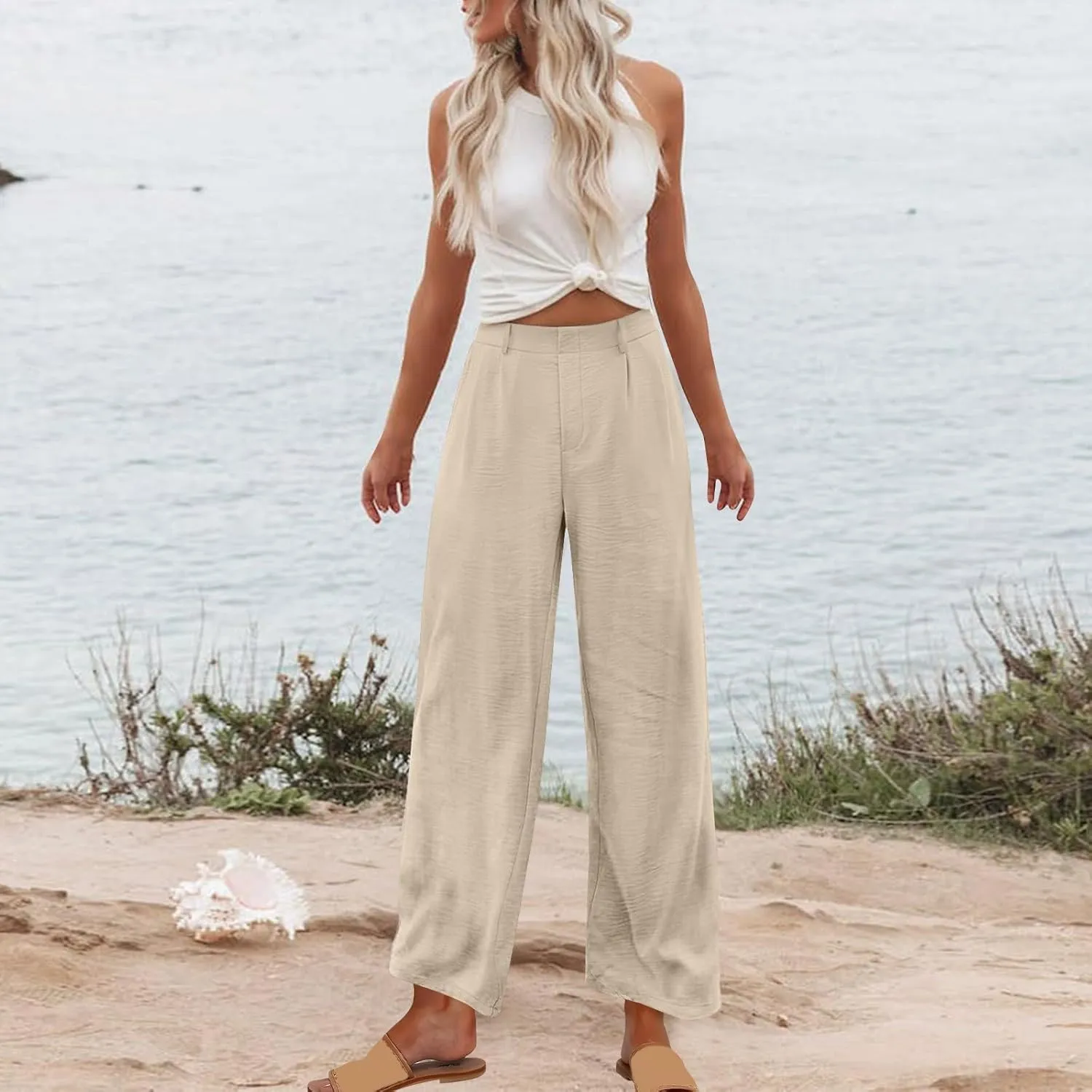Womens Linen Palazzo Trousers Summer Boho Wide Leg High Waist Casual Lounge Pant Slacks Beach Travel Vacation Pants