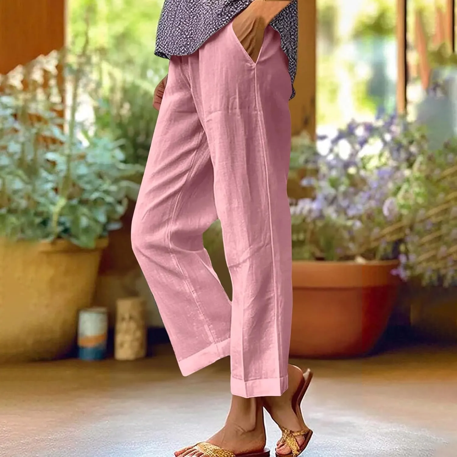 Womens Linen Pants 2025 Summer Cotton Linen Elastic High Waist Straight Leg Plus Size Casual Trousers with Pockets