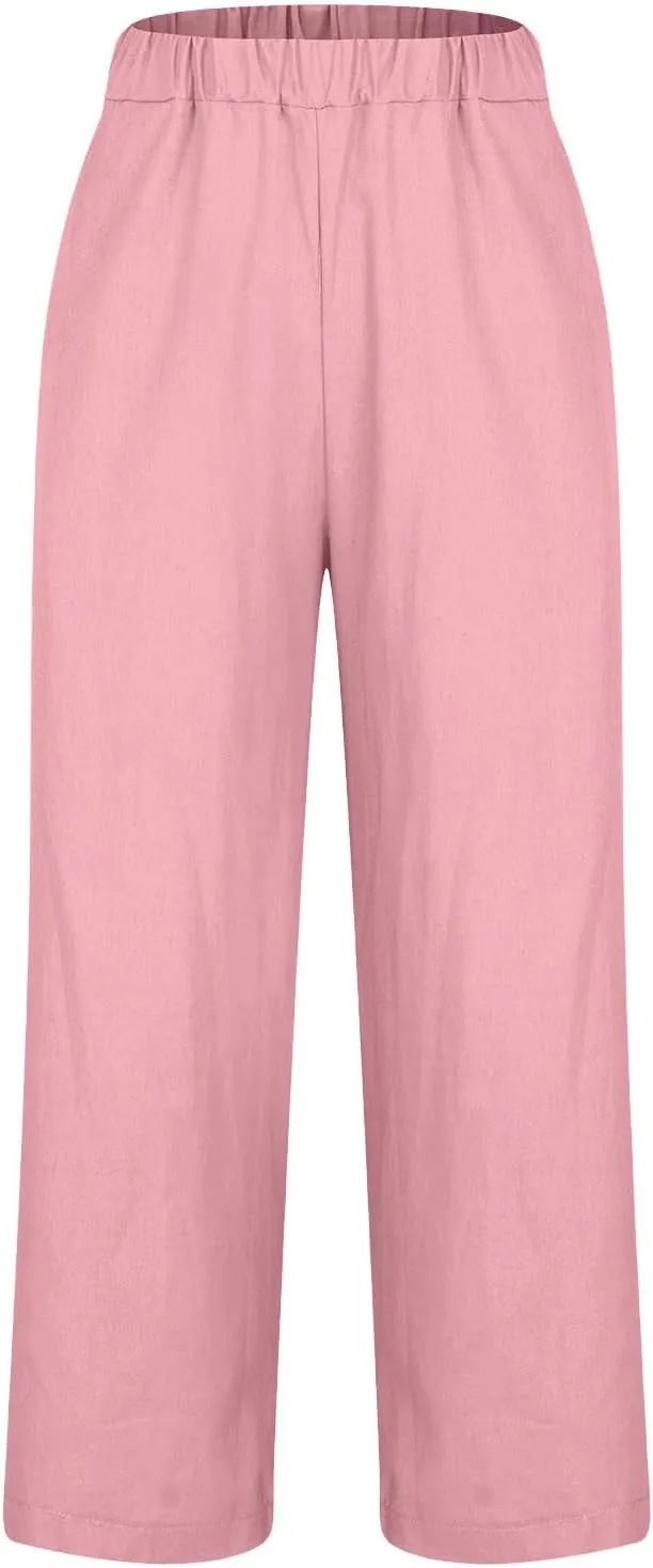 Womens Linen Pants 2025 Summer Cotton Linen Elastic High Waist Straight Leg Plus Size Casual Trousers with Pockets