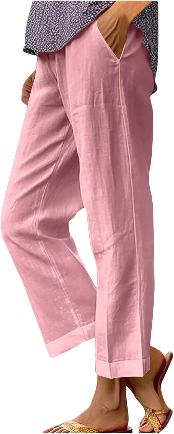 Womens Linen Pants 2025 Summer Cotton Linen Elastic High Waist Straight Leg Plus Size Casual Trousers with Pockets