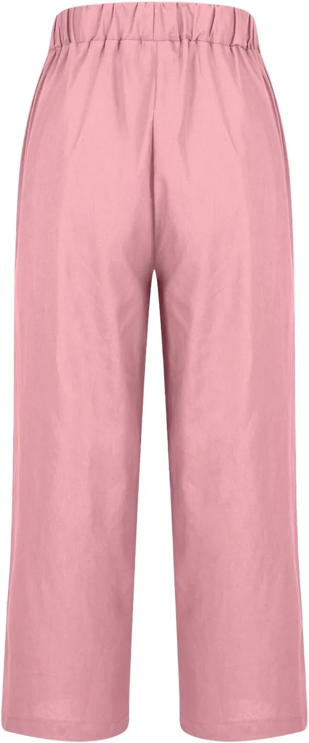 Womens Linen Pants 2025 Summer Cotton Linen Elastic High Waist Straight Leg Plus Size Casual Trousers with Pockets