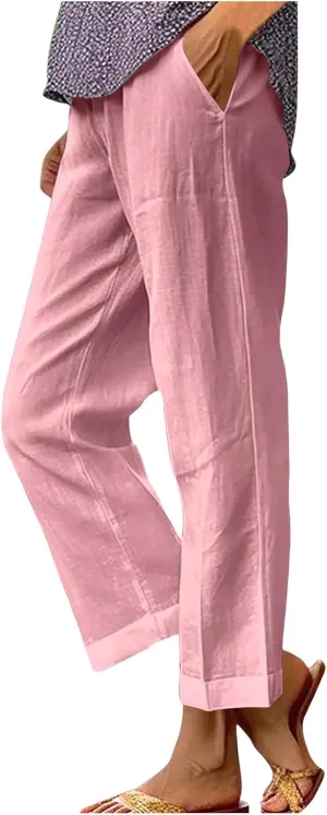 Womens Linen Pants 2025 Summer Cotton Linen Elastic High Waist Straight Leg Plus Size Casual Trousers with Pockets