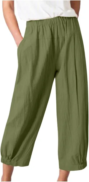 Womens Linen Pants Dressy Casual 2024 Summer Elastic Waist Lounge Trousers Beach Vacation Cropped Pant Outfits