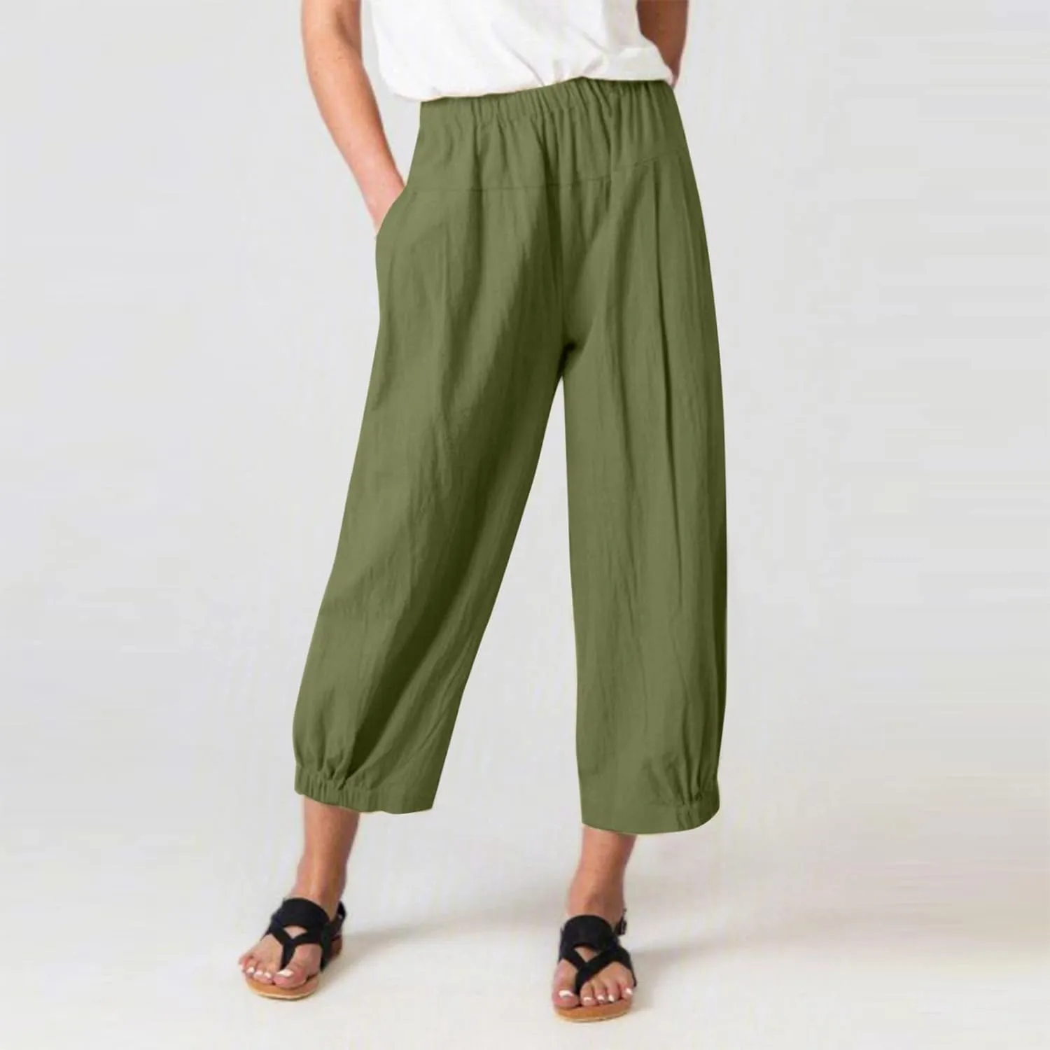 Womens Linen Pants Dressy Casual 2024 Summer Elastic Waist Lounge Trousers Beach Vacation Cropped Pant Outfits