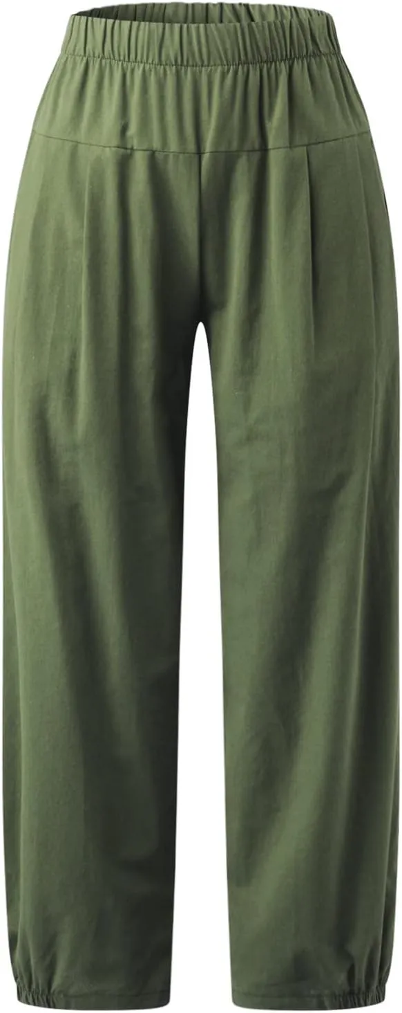 Womens Linen Pants Dressy Casual 2024 Summer Elastic Waist Lounge Trousers Beach Vacation Cropped Pant Outfits