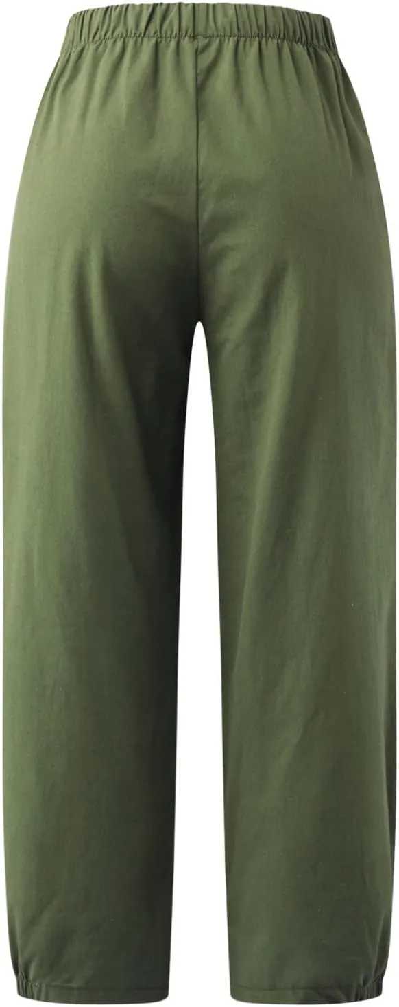 Womens Linen Pants Dressy Casual 2024 Summer Elastic Waist Lounge Trousers Beach Vacation Cropped Pant Outfits