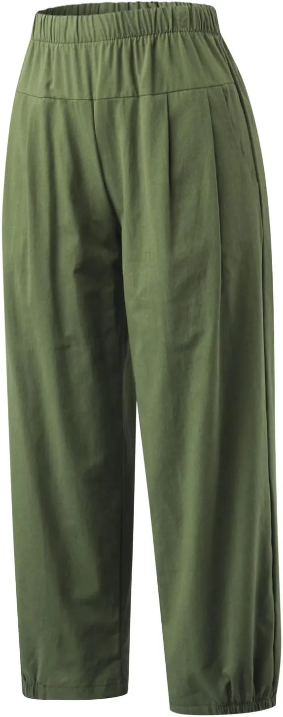 Womens Linen Pants Dressy Casual 2024 Summer Elastic Waist Lounge Trousers Beach Vacation Cropped Pant Outfits