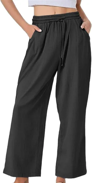 Womens Linen Pants Solid Casual High Waist Loose Fit Drawstring Trousers with Pockets Summer Beach Wear Fashion