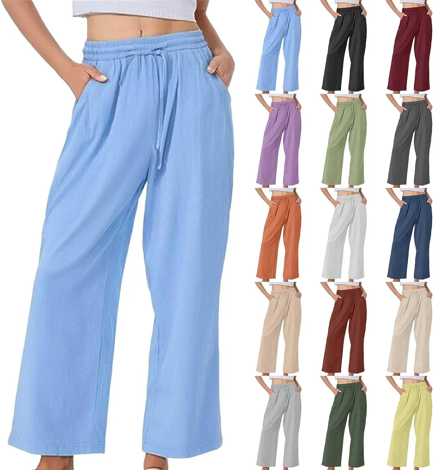 Womens Linen Pants Solid Casual High Waist Loose Fit Drawstring Trousers with Pockets Summer Beach Wear Fashion