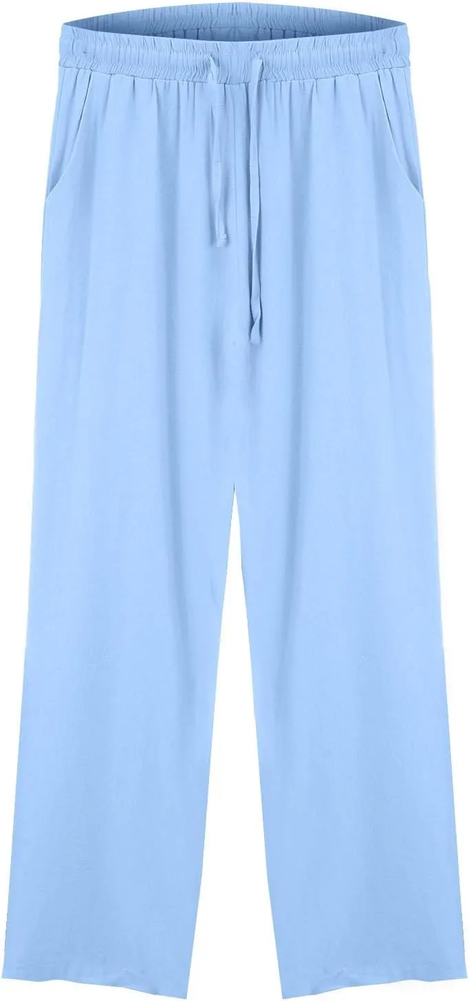 Womens Linen Pants Solid Casual High Waist Loose Fit Drawstring Trousers with Pockets Summer Beach Wear Fashion