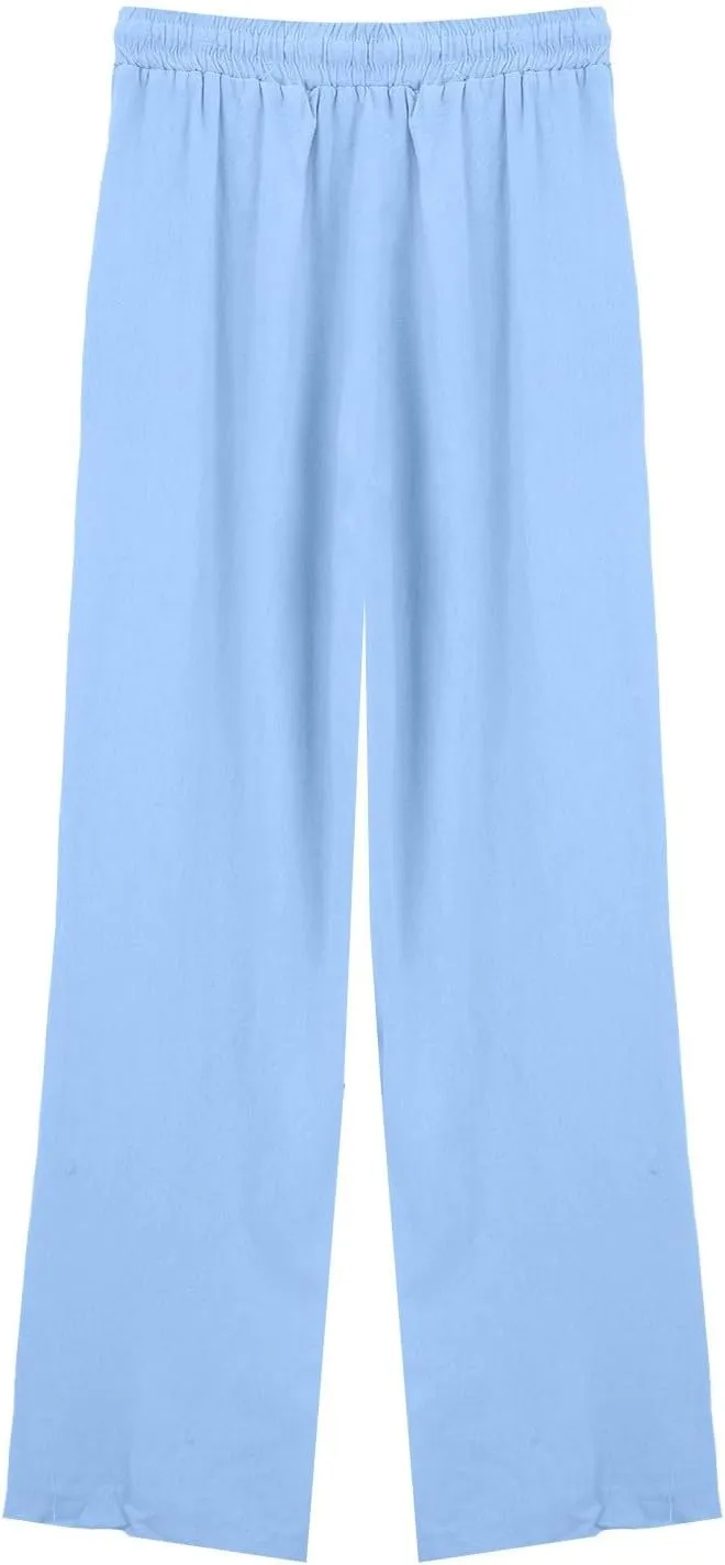 Womens Linen Pants Solid Casual High Waist Loose Fit Drawstring Trousers with Pockets Summer Beach Wear Fashion