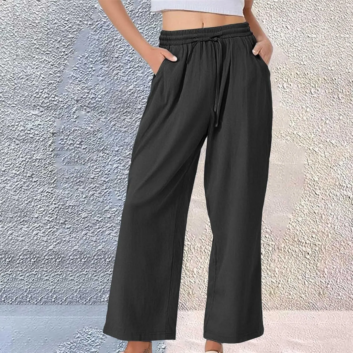 Womens Linen Pants Solid Casual High Waist Loose Fit Drawstring Trousers with Pockets Summer Beach Wear Fashion