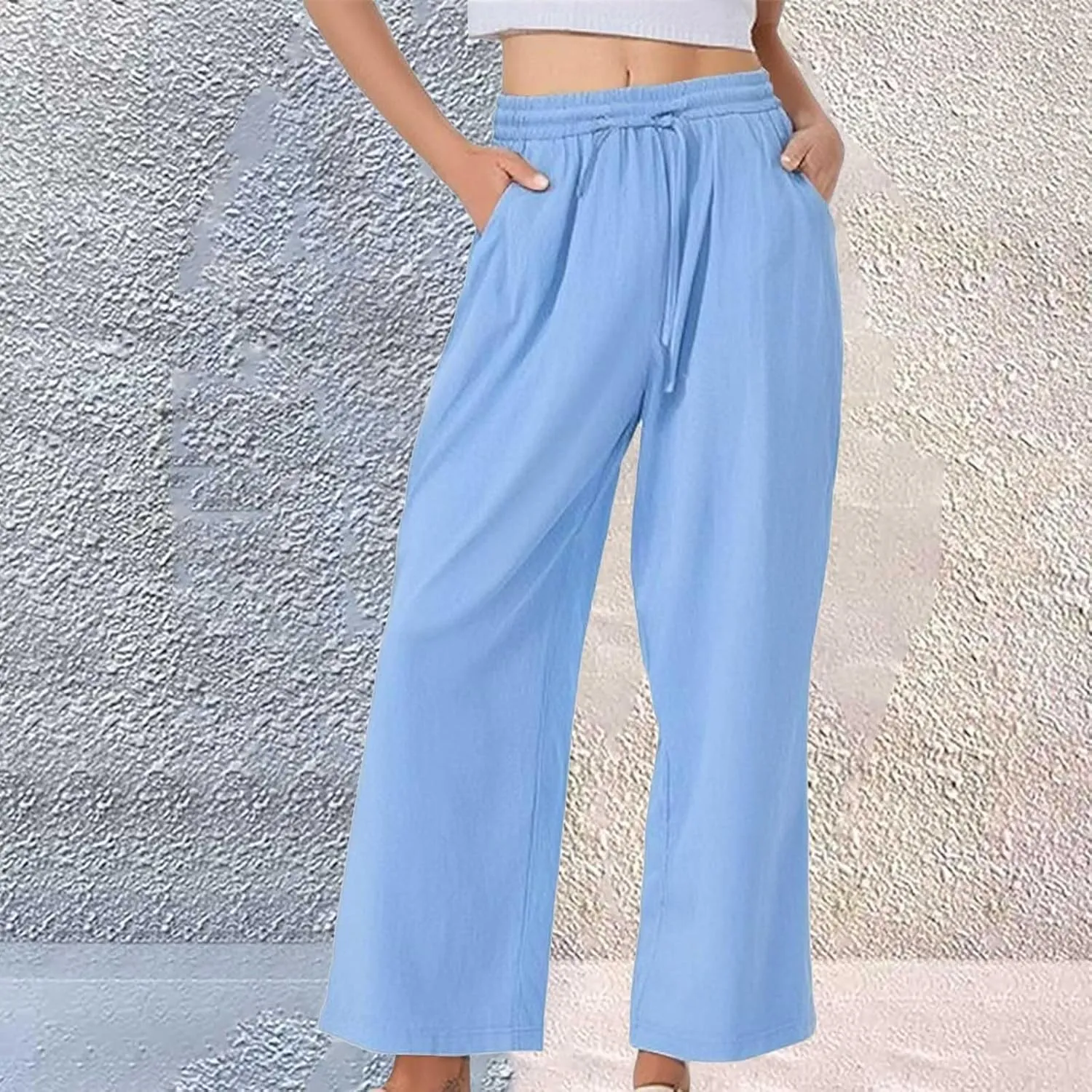 Womens Linen Pants Solid Casual High Waist Loose Fit Drawstring Trousers with Pockets Summer Beach Wear Fashion