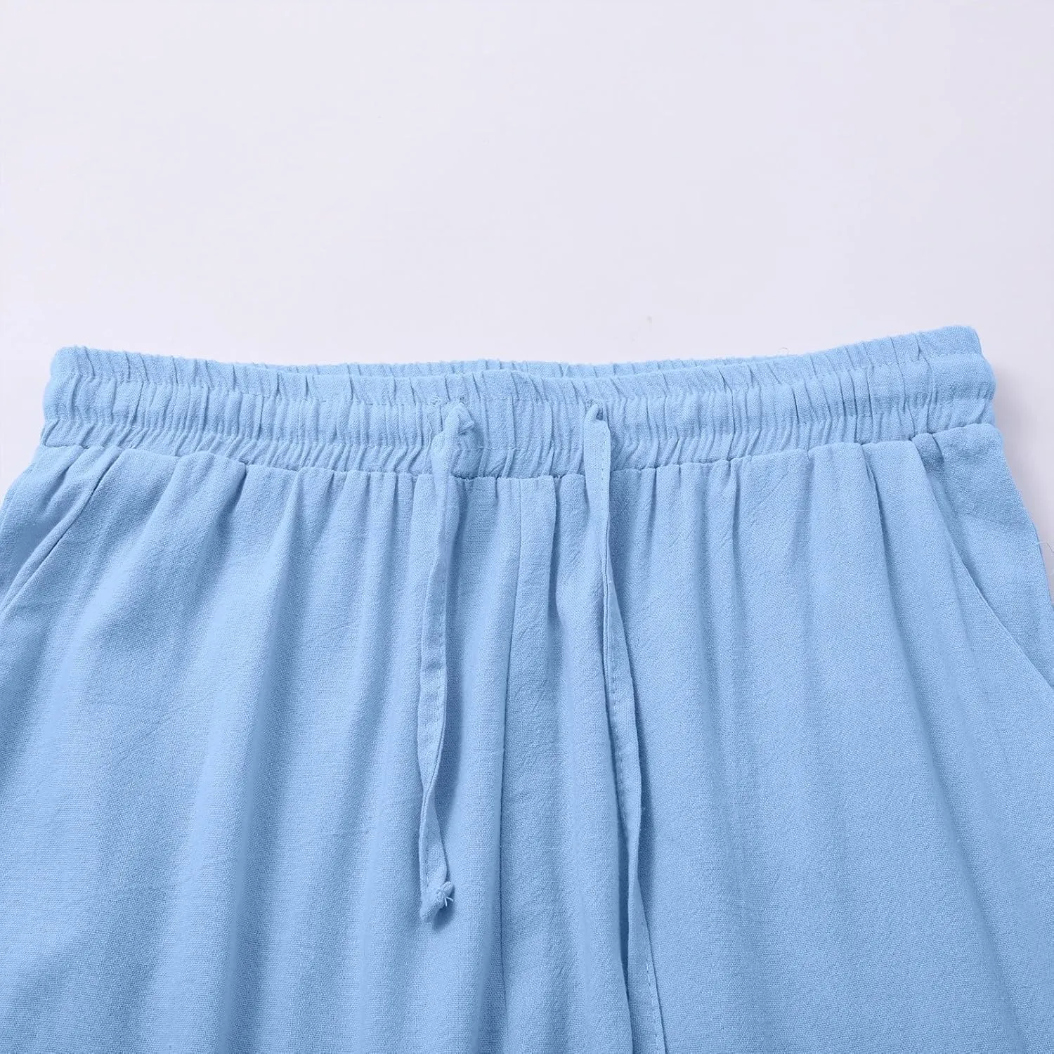 Womens Linen Pants Solid Casual High Waist Loose Fit Drawstring Trousers with Pockets Summer Beach Wear Fashion