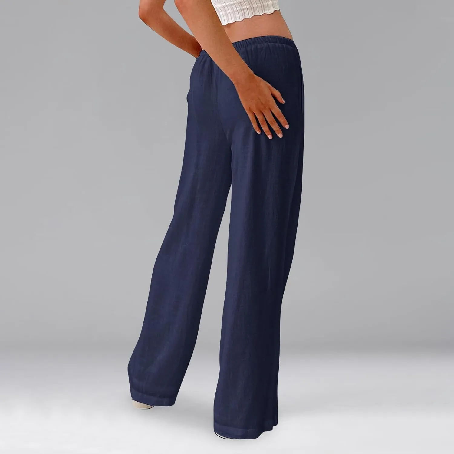 Womens Linen Pants Summer Drawstring Elastic Low Rise Wide Leg Pants Loose Flowy Vacation Trousers with Pockets