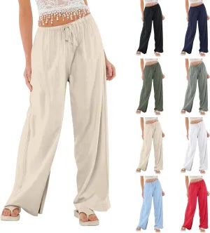 Womens Linen Pants Summer Drawstring Elastic Low Rise Wide Leg Pants Loose Flowy Vacation Trousers with Pockets