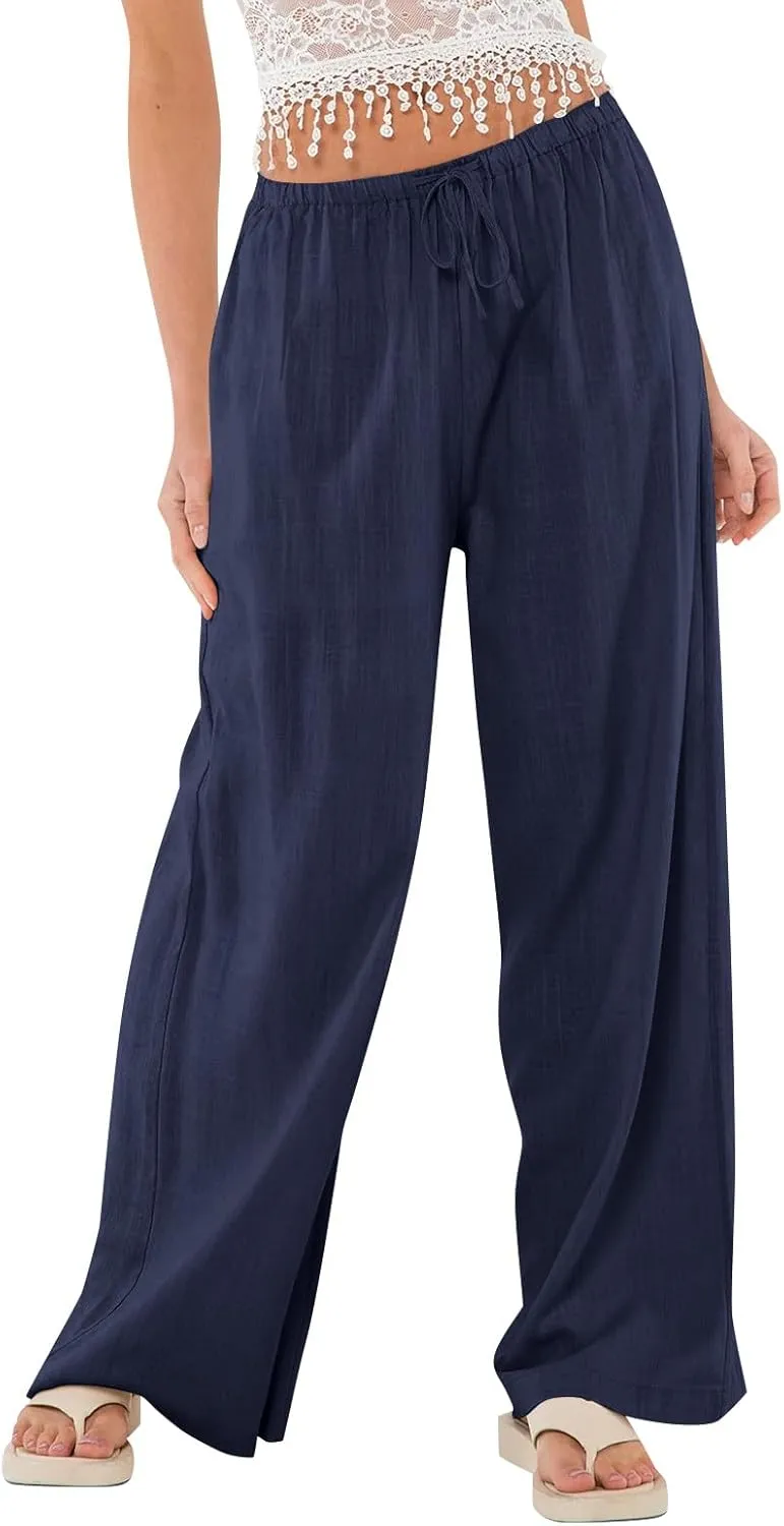 Womens Linen Pants Summer Drawstring Elastic Low Rise Wide Leg Pants Loose Flowy Vacation Trousers with Pockets