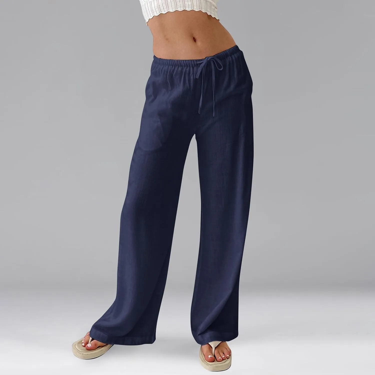 Womens Linen Pants Summer Drawstring Elastic Low Rise Wide Leg Pants Loose Flowy Vacation Trousers with Pockets