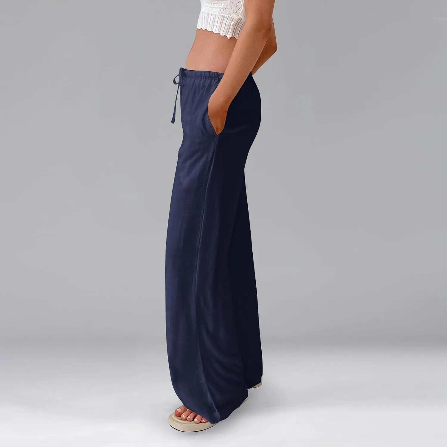 Womens Linen Pants Summer Drawstring Elastic Low Rise Wide Leg Pants Loose Flowy Vacation Trousers with Pockets