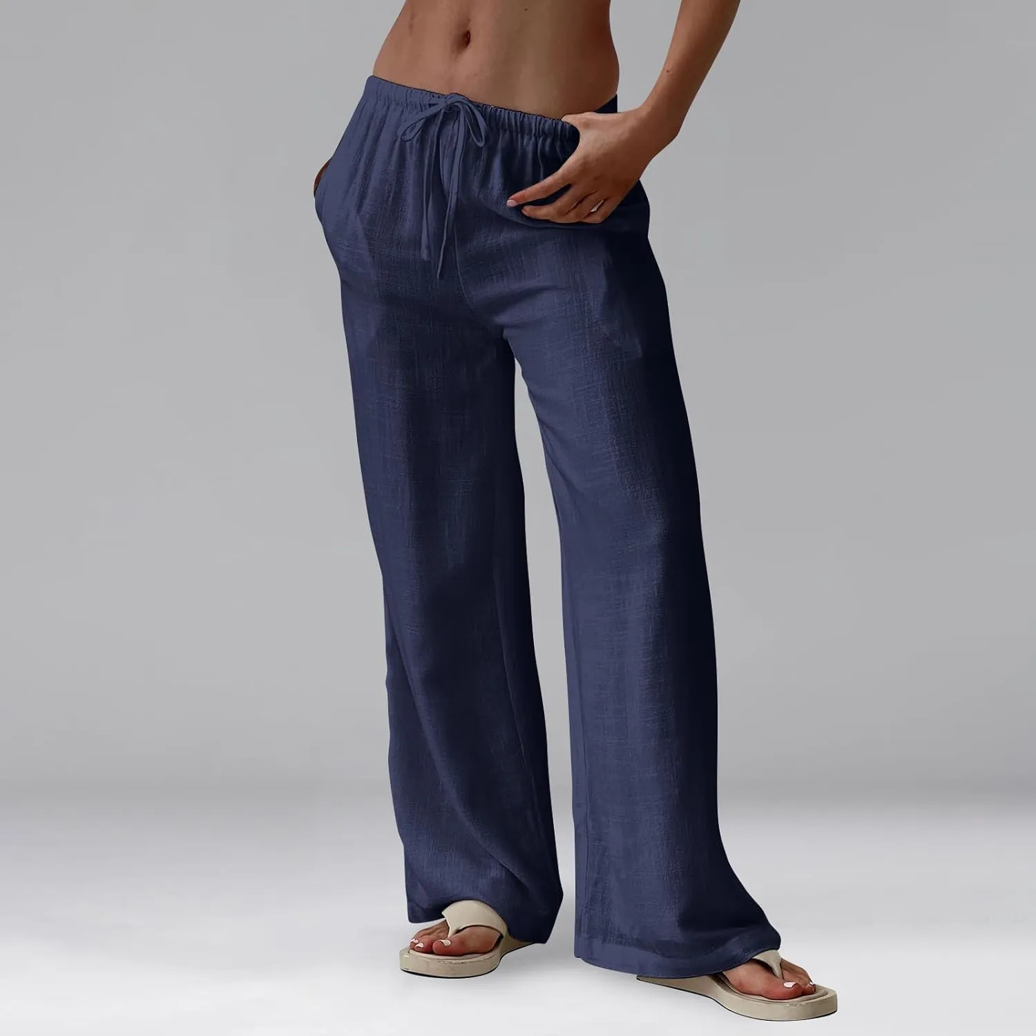 Womens Linen Pants Summer Drawstring Elastic Low Rise Wide Leg Pants Loose Flowy Vacation Trousers with Pockets