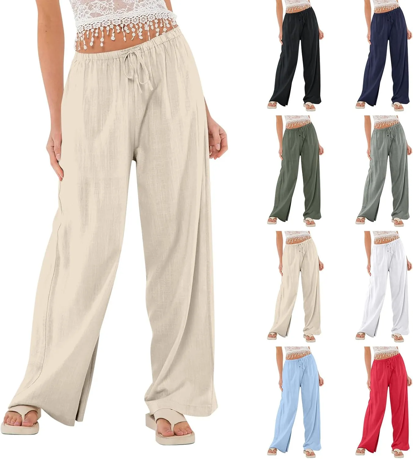 Womens Linen Pants Summer Drawstring Elastic Low Rise Wide Leg Pants Loose Flowy Vacation Trousers with Pockets