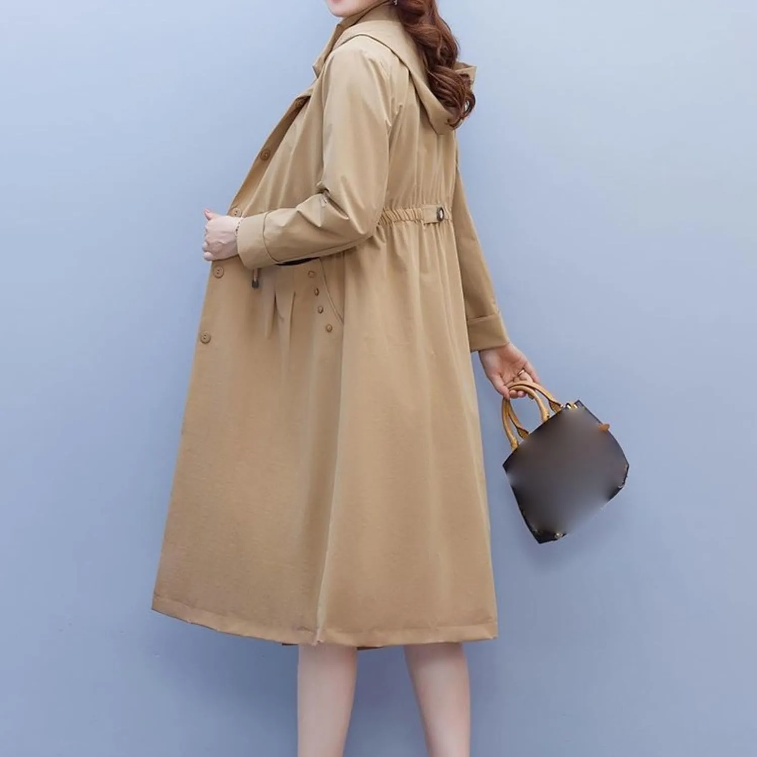 Women's Long Hooded Trench Coat Single Breasted Windproof Overcoat Spring Fall Fashion Windbreaker Long Jacket