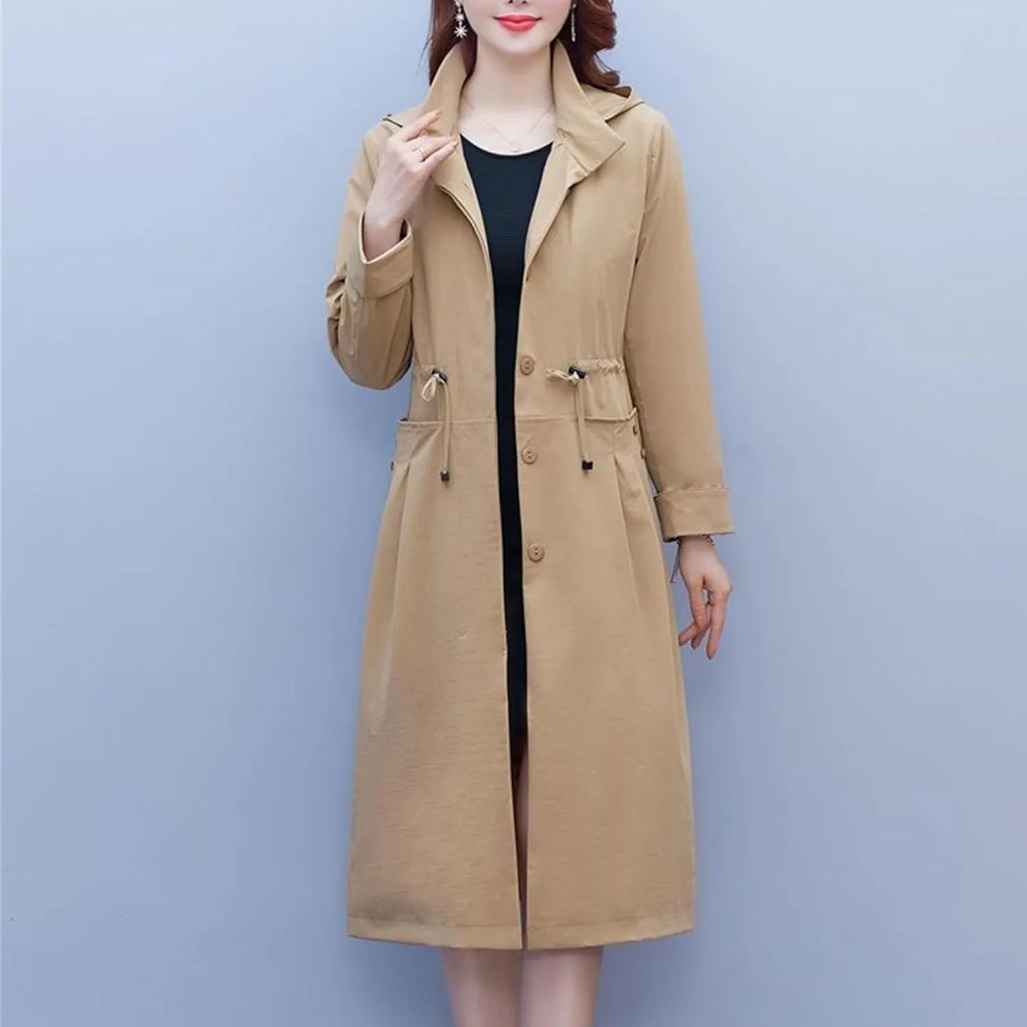 Women's Long Hooded Trench Coat Single Breasted Windproof Overcoat Spring Fall Fashion Windbreaker Long Jacket