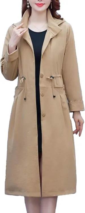 Women's Long Hooded Trench Coat Single Breasted Windproof Overcoat Spring Fall Fashion Windbreaker Long Jacket