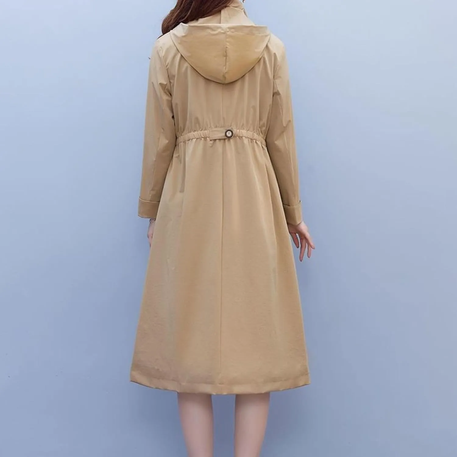 Women's Long Hooded Trench Coat Single Breasted Windproof Overcoat Spring Fall Fashion Windbreaker Long Jacket