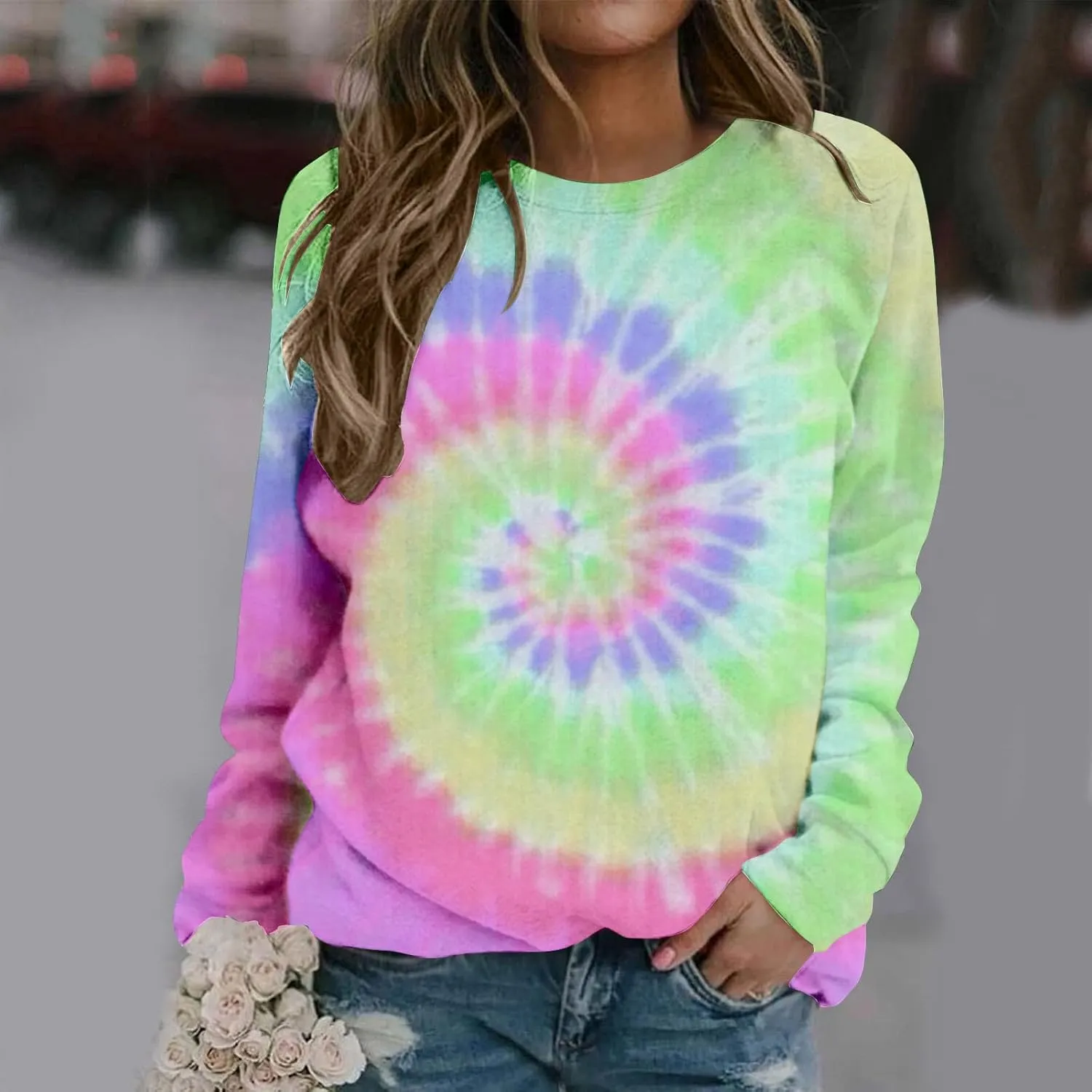 Womens Long Sleeve Crewneck Sweatshirt Trendy 2024 Tie Dye Print Regular Fit Pullover Tops Fall Fashion Sweatshirts