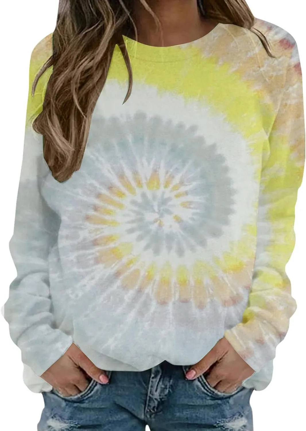 Womens Long Sleeve Crewneck Sweatshirt Trendy 2024 Tie Dye Print Regular Fit Pullover Tops Fall Fashion Sweatshirts