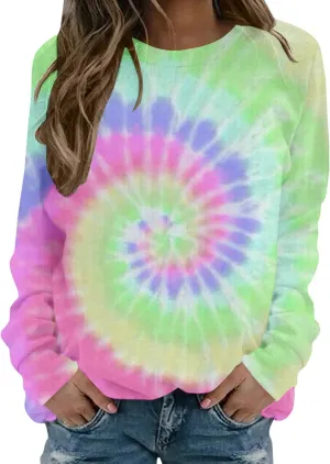 Womens Long Sleeve Crewneck Sweatshirt Trendy 2024 Tie Dye Print Regular Fit Pullover Tops Fall Fashion Sweatshirts