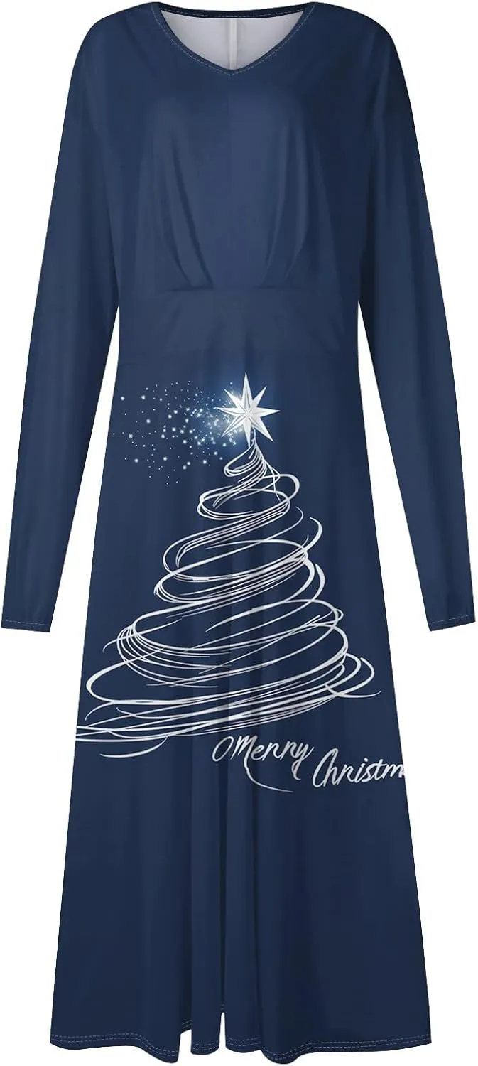 Women's Long Sleeve Dressy Dresses Casual V-Neck Fashion Midi Winter Christmas Printed Trendy Swing Dress