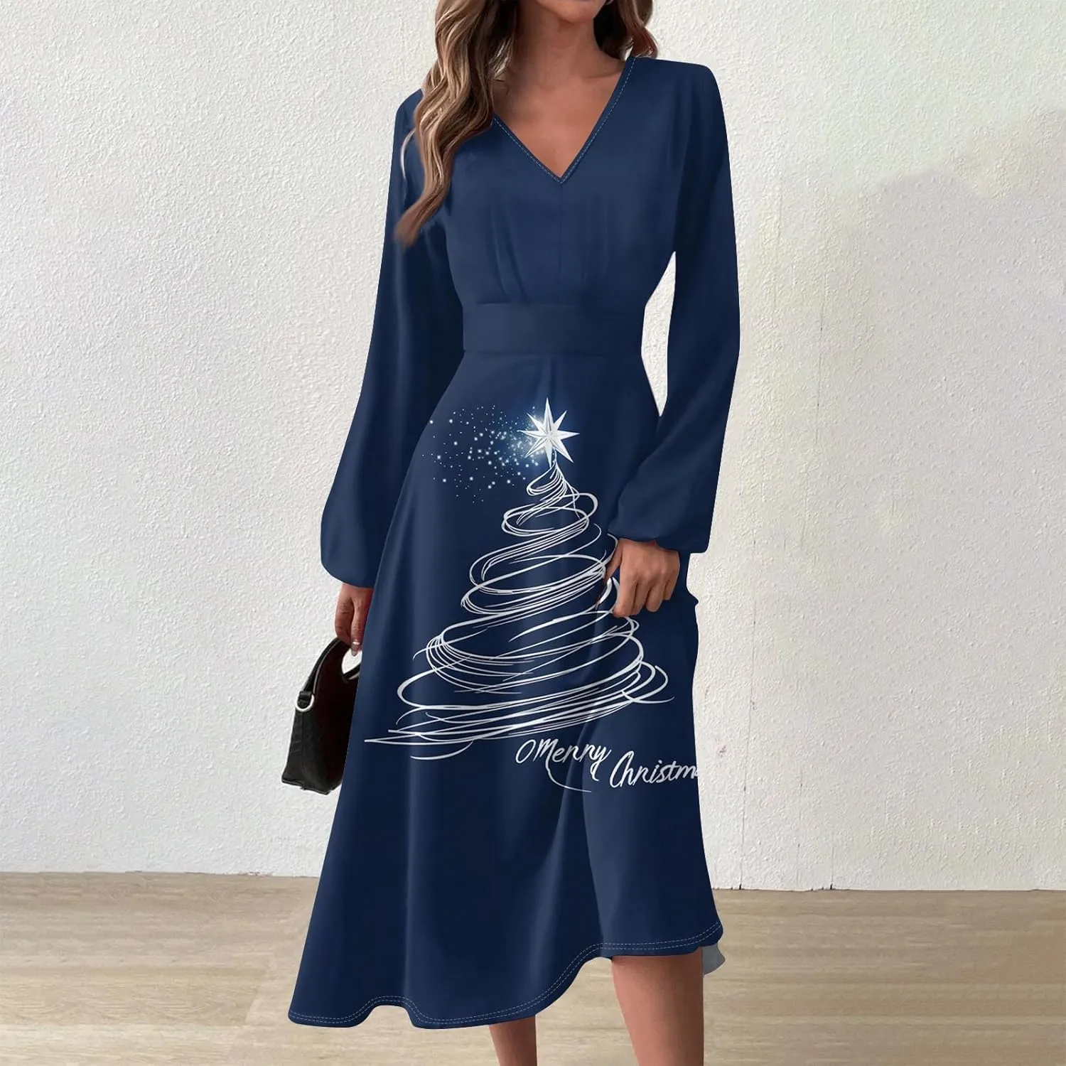 Women's Long Sleeve Dressy Dresses Casual V-Neck Fashion Midi Winter Christmas Printed Trendy Swing Dress