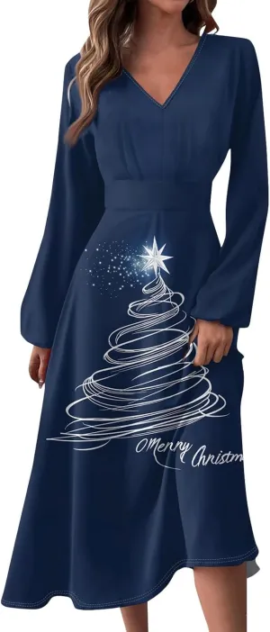 Women's Long Sleeve Dressy Dresses Casual V-Neck Fashion Midi Winter Christmas Printed Trendy Swing Dress
