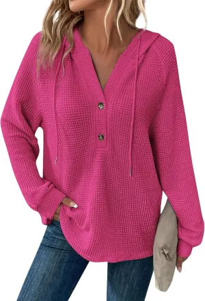 Womens Long Sleeve Hoodies 2024 Drawstring Sweatshirt Loose Button Comfy V-Neck Top Dressy Daily Clothes