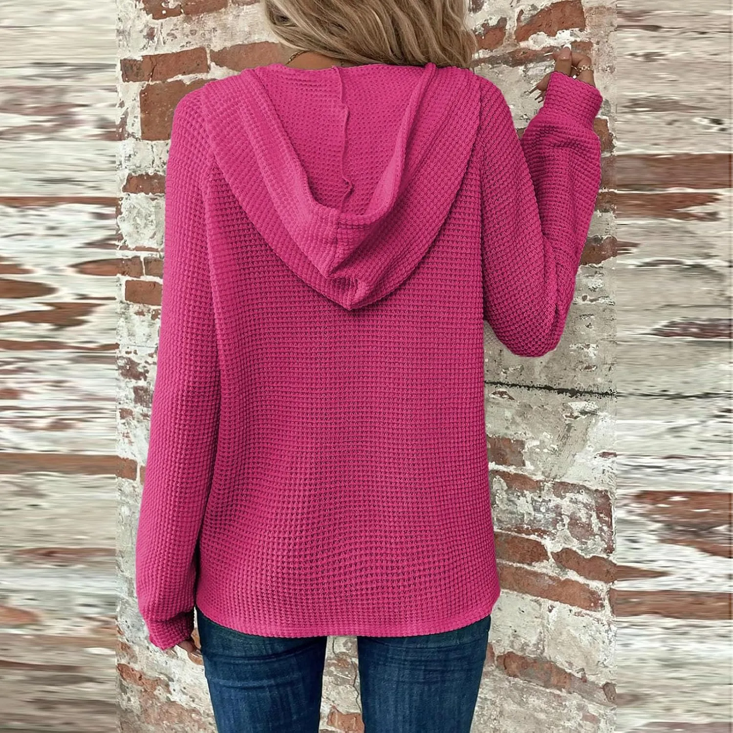 Womens Long Sleeve Hoodies 2024 Drawstring Sweatshirt Loose Button Comfy V-Neck Top Dressy Daily Clothes