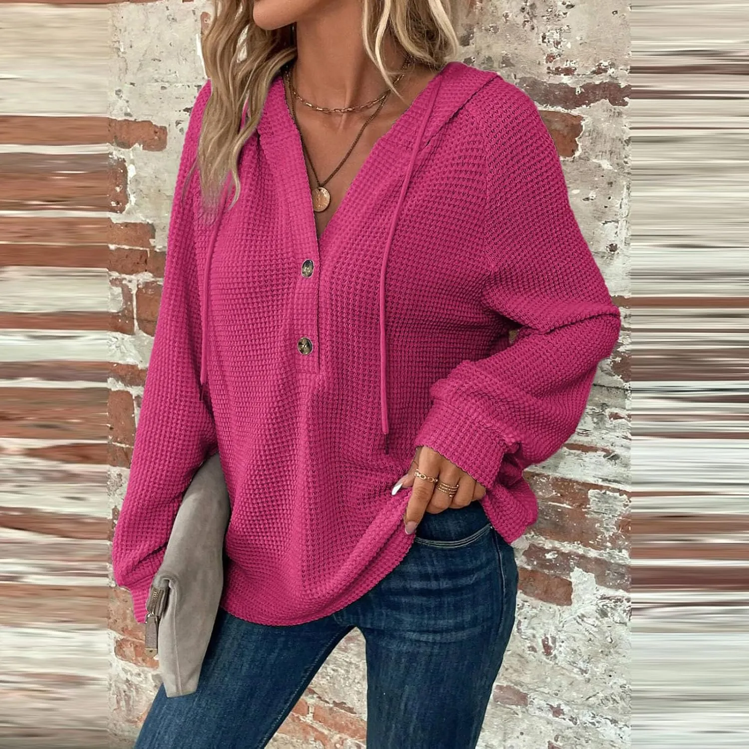 Womens Long Sleeve Hoodies 2024 Drawstring Sweatshirt Loose Button Comfy V-Neck Top Dressy Daily Clothes