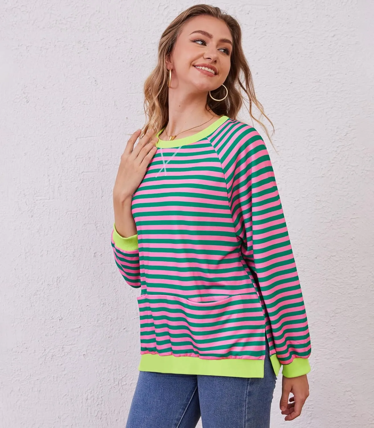 Womens Long Sleeve Oversized Sweatshirt Striped Crewneck Casual Loose Pullover Tops with Pockets