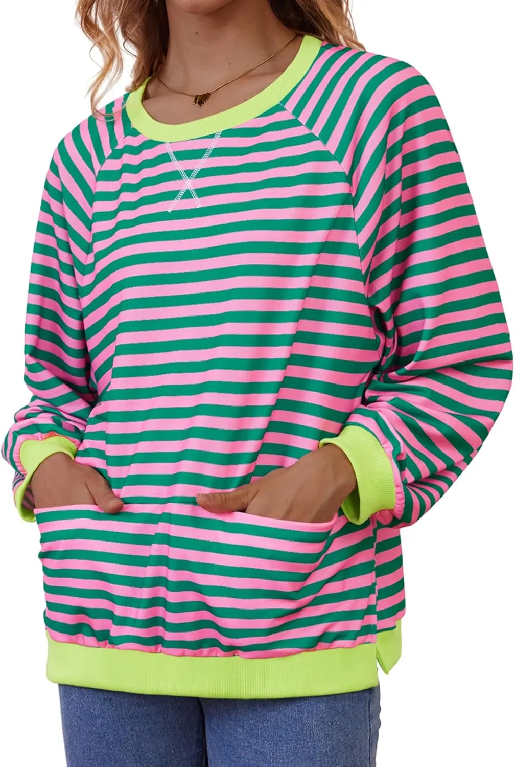 Womens Long Sleeve Oversized Sweatshirt Striped Crewneck Casual Loose Pullover Tops with Pockets