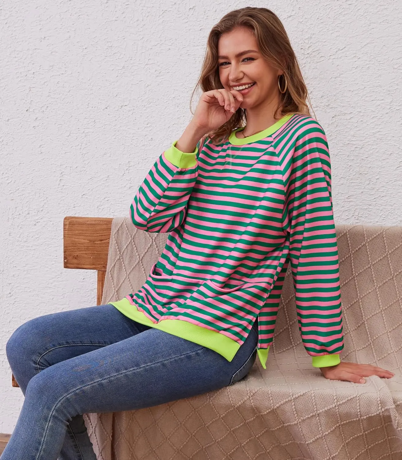 Womens Long Sleeve Oversized Sweatshirt Striped Crewneck Casual Loose Pullover Tops with Pockets