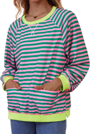 Womens Long Sleeve Oversized Sweatshirt Striped Crewneck Casual Loose Pullover Tops with Pockets