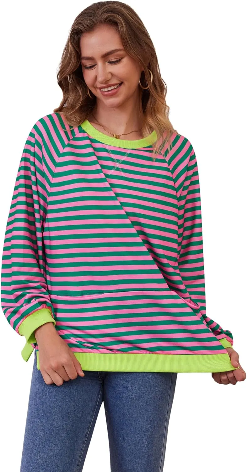 Womens Long Sleeve Oversized Sweatshirt Striped Crewneck Casual Loose Pullover Tops with Pockets