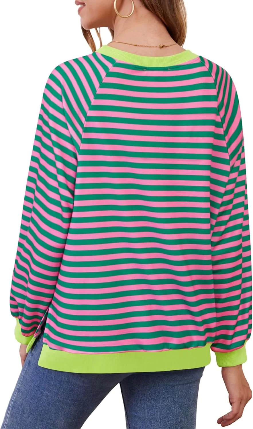 Womens Long Sleeve Oversized Sweatshirt Striped Crewneck Casual Loose Pullover Tops with Pockets
