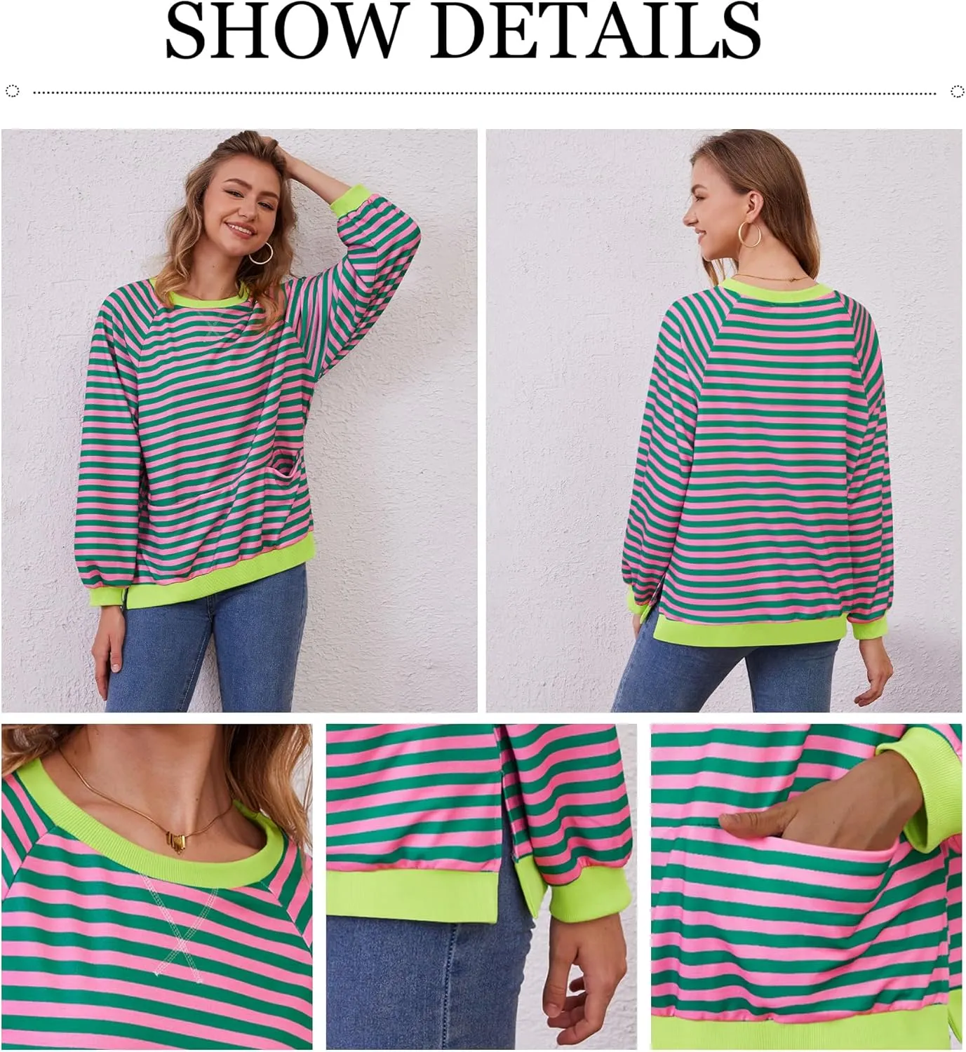 Womens Long Sleeve Oversized Sweatshirt Striped Crewneck Casual Loose Pullover Tops with Pockets