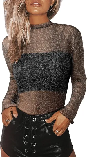 Womens Nashville Mesh Sheer Sparkly Top Glitter Star See Through Tops Tee Shirt Short Sleeve Concert Rave Outfits