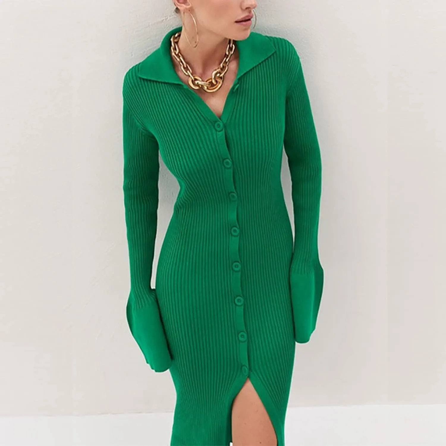 Women's Open Front Sweater Dress Long Sleeve Cardigan Outwear Green Dress for Women Button Down Fall Dress Sexy Bodycon Knit