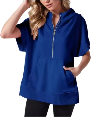 Womens Oversized Half Zip Hoodies Short Sleeve Casual Sweatshirts Pullover Tops with Pockets Loose 2024 Clothes