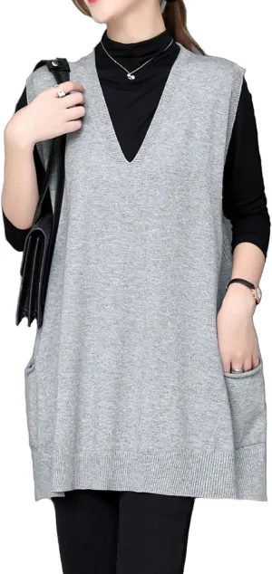 Women's Oversized Sweater Vest Fall V Neck Sleeveless Pullover Sweater Loose Knitted Tunic Tops with Pockets