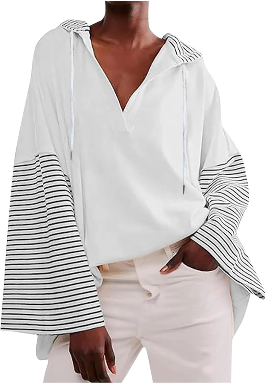 Womens Oversized Sweatshirt Striped Color Block Hoodies Drawstring Casual V Neck Long Sleeve Pullover Tops